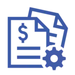 Two overlapping document sheets featuring a dollar sign and horizontal text lines. A small gear is positioned at the bottom right to represent customization settings.