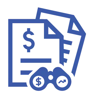 A blue line-art icon showing a stack of documents with a dollar sign, overlaid with binoculars that have a dollar sign and a trend line in the lenses symbolizing budget forcasting.