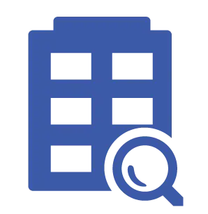 A blue line-art icon featuring a stylized office building being inspected by a large magnifying glass, representing operational analysis and building audits.