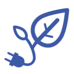 A blue line-art icon featuring a stylized leaf where the stem is an electrical plug, representing clean energy and green investment.