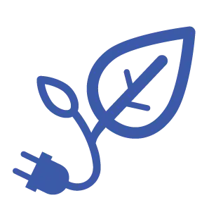 A blue line-art icon featuring a stylized leaf where the stem is an electrical plug, representing clean energy and green investment.