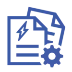 A blue icon showing two overlapping document sheets with horizontal lines, paired with a lightening bolt in the upper left corner and a gear in the bottom right corner to represent customizable report settings.