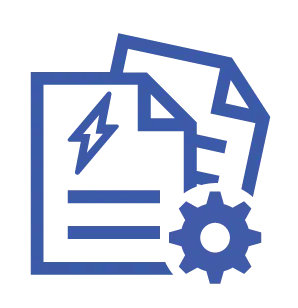 A blue icon showing two overlapping document sheets with horizontal lines, paired with a lightening bolt in the upper left corner and a gear in the bottom right corner to represent customizable report settings.
