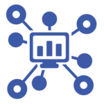 A blue line-art icon featuring a computer screen with a bar chart, connected by lines to several circular nodes, representing data flow and system integration.