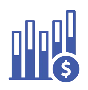 A blue line-art icon featuring four vertical bars of varying heights next to a circular coin symbol with a dollar sign, representing financial data and energy costs.