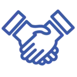 A blue line-art icon of two hands meeting in a firm handshake, representing collaboration and professional partnership.