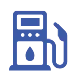 A blue line-art icon of a fuel dispenser with a nozzle and a large droplet symbol, representing fleet fueling or gasoline consumption.