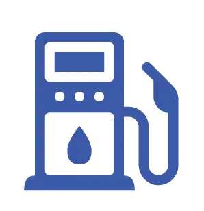 A blue line-art icon of a fuel dispenser with a nozzle and a large droplet symbol, representing fleet fueling or gasoline consumption.