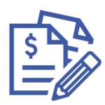 Blue line-art icon of a document with a dollar sign, a pencil, and a ruler, representing grant writing and reporting.