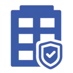 A stylized blue icon representing a building with a protective shield and a checkmark, symbolizing verified measurement and security.