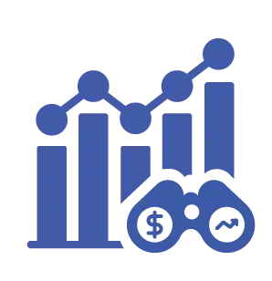 Blue line-art icon of a bar chart with a trend line and a dollar sign, representing financial data and budget forecasting.