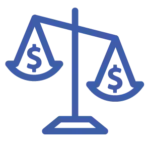 A blue line-art icon of a balance scale, with one dollar sign in the left pan and another in the right, representing financial comparison or rate simulation.