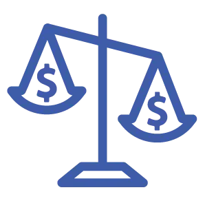 A blue line-art icon of a balance scale, with one dollar sign in the left pan and another in the right, representing financial comparison or rate simulation.