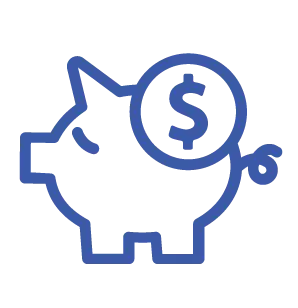 A blue line-art icon of a piggy bank featuring a large dollar sign on its side, symbolizing financial savings and cost reduction.