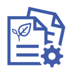 Two overlapping document sheets featuring a leaf icon and horizontal text lines. A small gear is positioned at the bottom right to represent sustainability tracking settings.