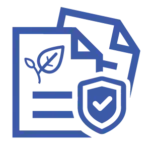 For the Enpira Sustainability Plan Tracking icon you're editing, here are a few alt text options: Concise: Blue icon of stacked documents featuring a leaf symbol and a verified shield. Descriptive: A blue line-art icon showing two overlapping document pages; the front page has a leaf logo and a shield with a checkmark, representing tracked and verified sustainability plans.