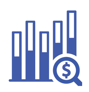 A blue bar chart with a magnifying glass focused on the bottom right. Inside the magnifying glass is a dollar sign, representing the discovery of financial savings.