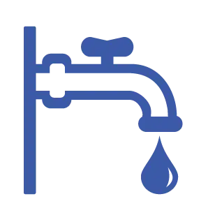 A blue icon of a water tap with a large water drop beneath it, symbolizing water conservation or wastewater treatment efficiency.